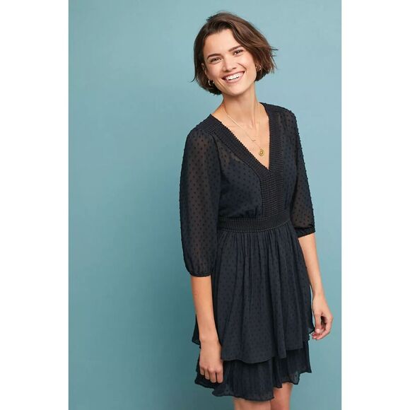 NWT ANTHROPOLOGIE Meadow Rue Black Minetta Crochet Sheer Tiered Dress 4 Petite - Picture 1 of 13